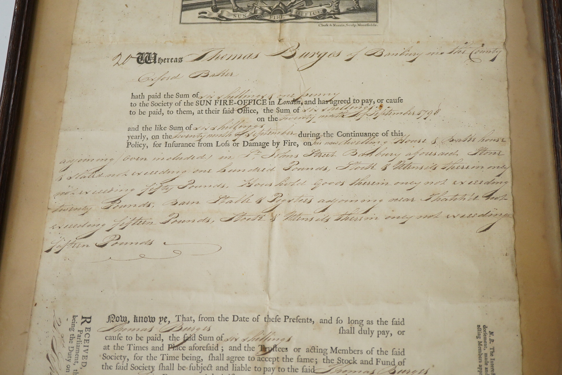Sun Fire Office Insurance policy dated 1797, for Thomas Burges of Banbury
